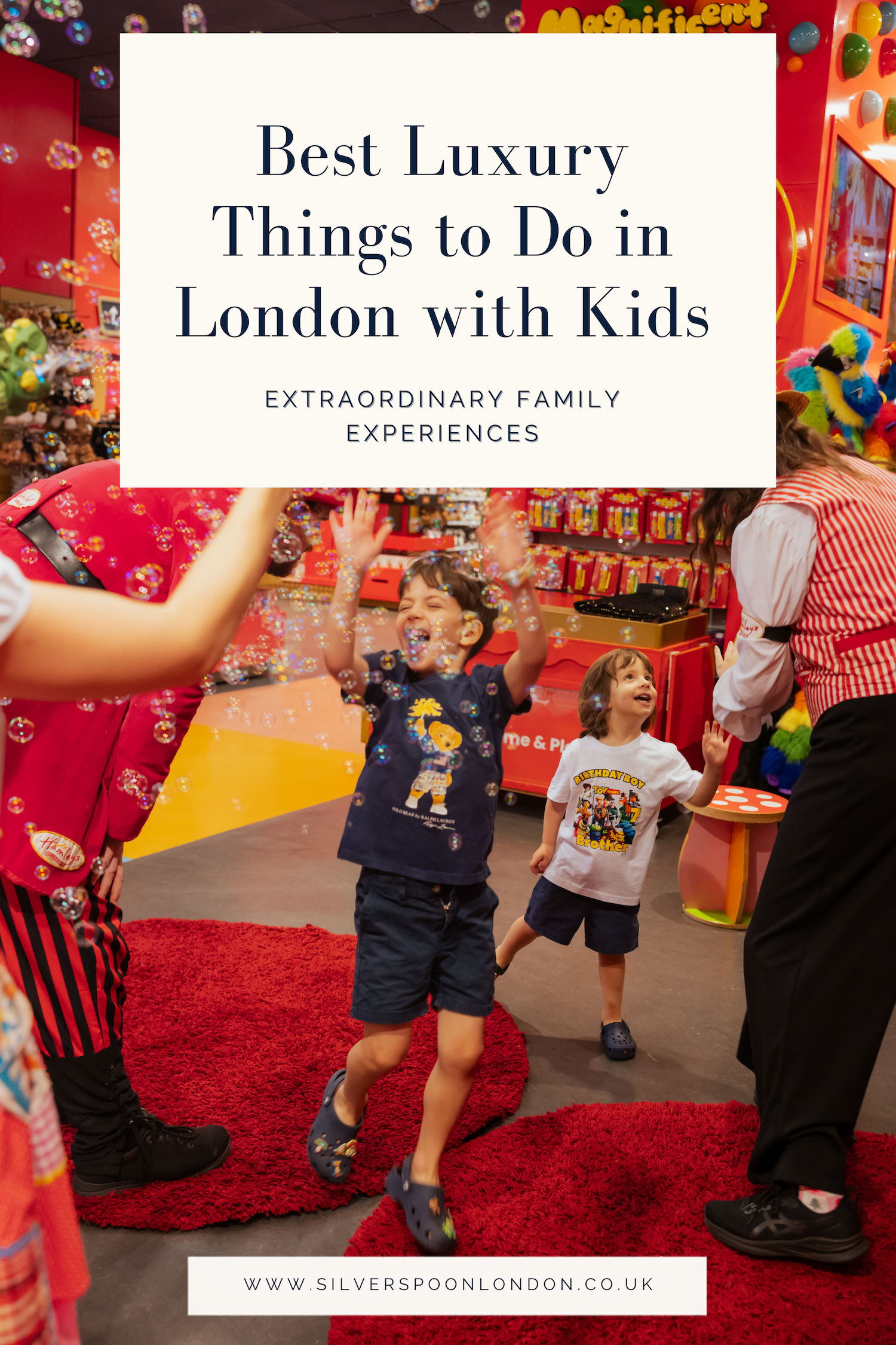 Oscar and Noah enjoying a private Hamleys toy shop experience in London, one of the best luxury things to do with kids
