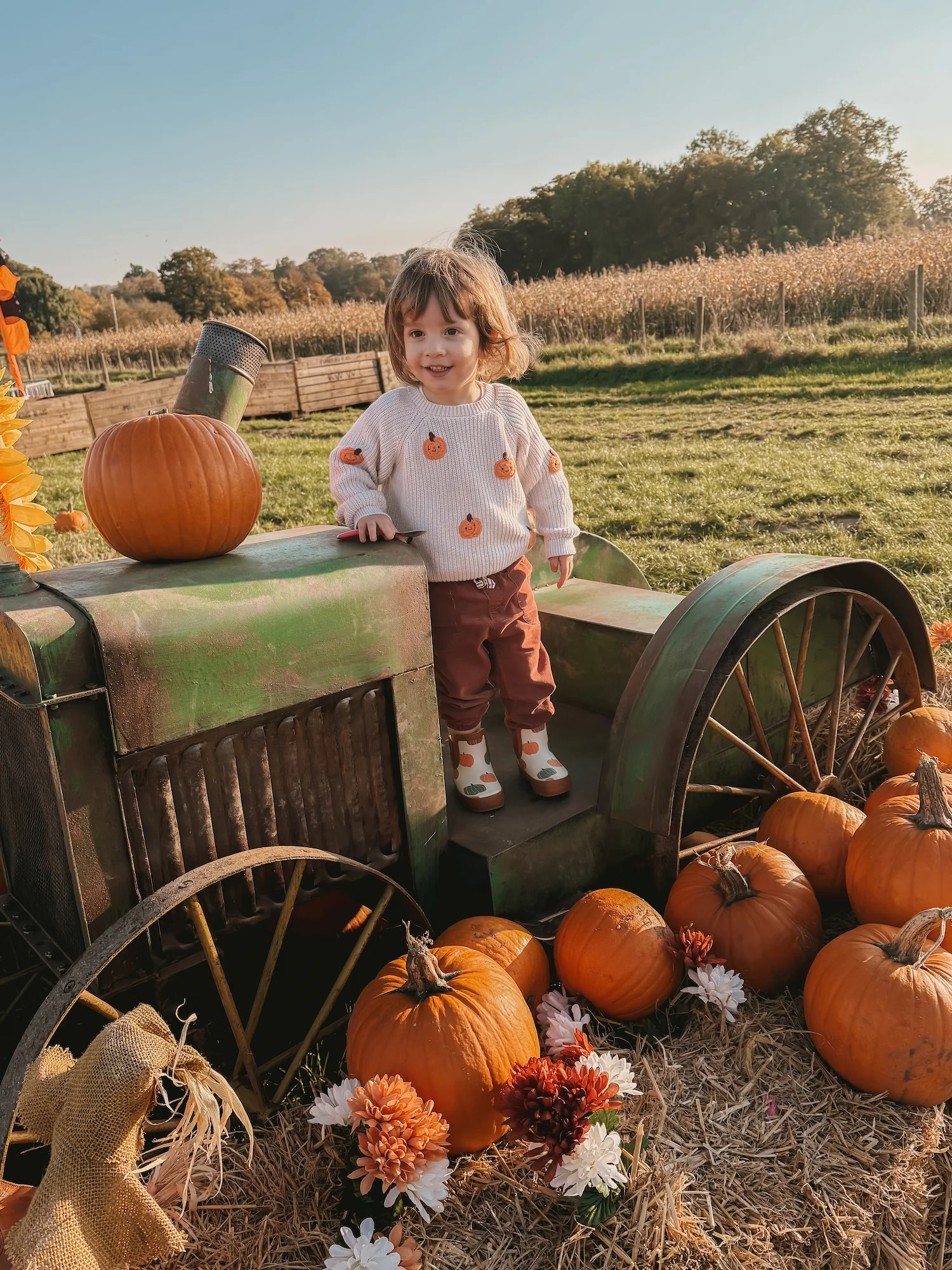 Small child on a tractor surrounded by pumpkin 